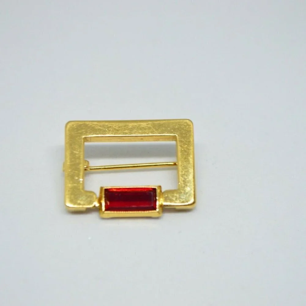 Red Glass Rhinestone Gold Tone Rectangle Openwork